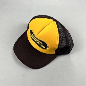 Vintage Robinson Construction Hat Cap Snapback Trucker Brown Yellow Workwear 80s